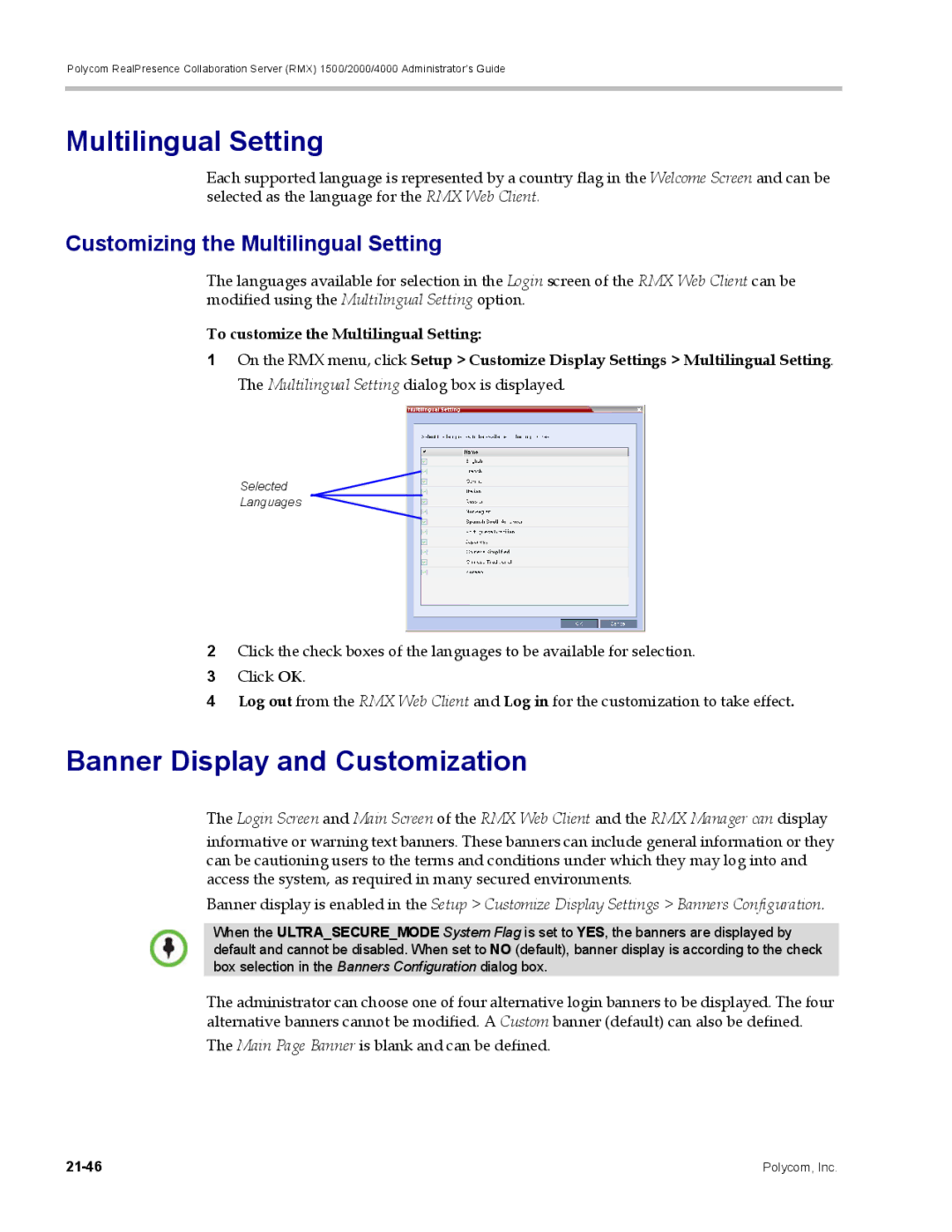 Polycom RMX 1500, DOC2702A manual Banner Display and Customization, Customizing the Multilingual Setting 