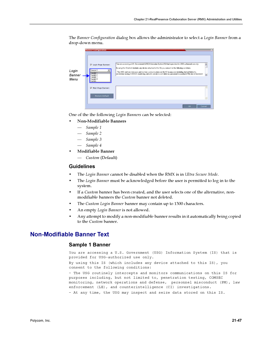 Polycom DOC2702A, RMX 1500 manual Non-Modifiable Banner Text, Sample 1 Banner, Non-Modifiable Banners 