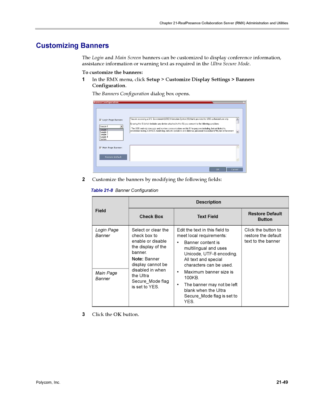 Polycom DOC2702A, RMX 1500 manual Customizing Banners, Banners Configuration dialog box opens, 8Banner Configuration, 21-49 