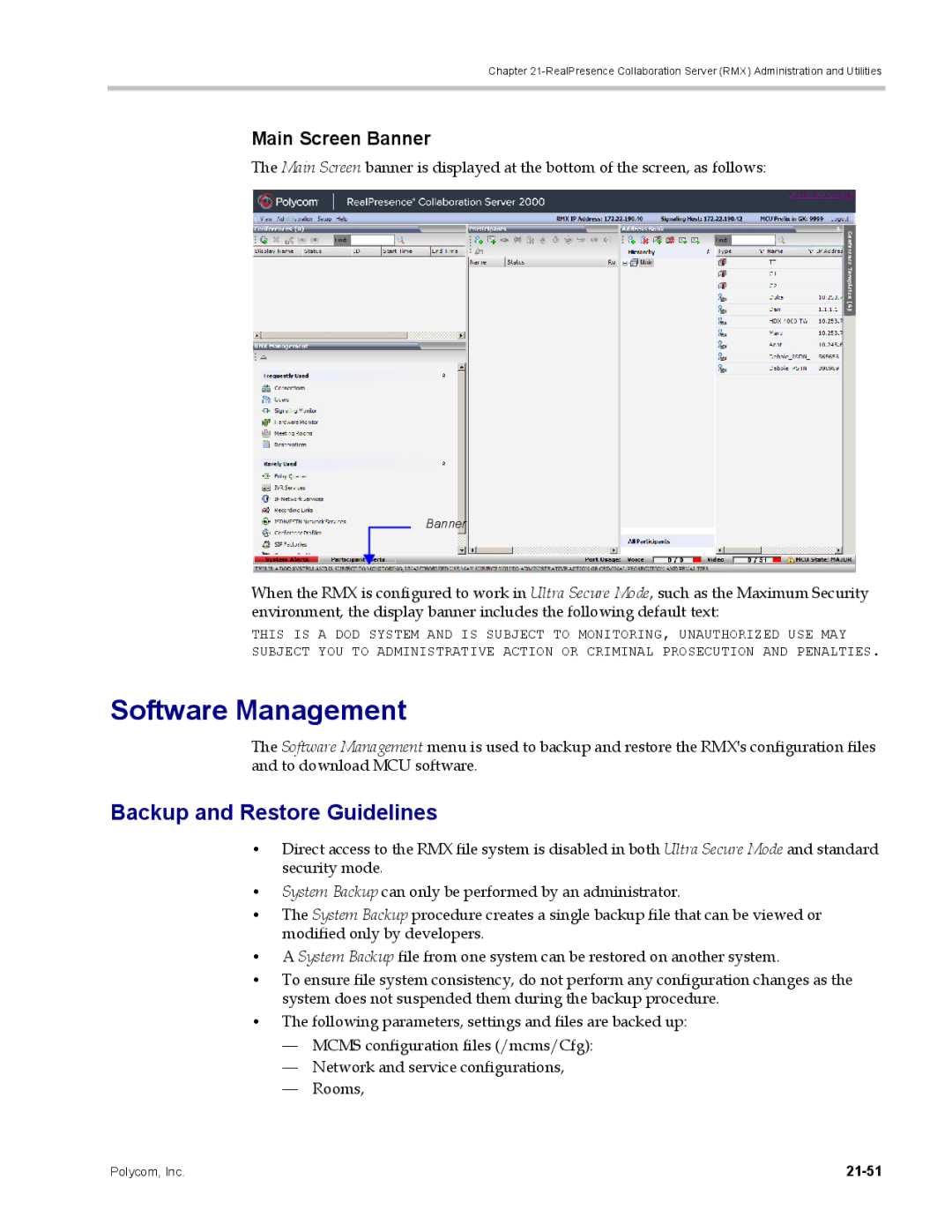 Polycom DOC2702A, RMX 1500 manual Software Management, Backup and Restore Guidelines, Main Screen Banner, 21-51 