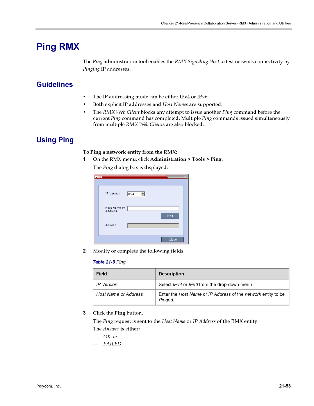 Polycom DOC2702A, RMX 1500 manual Ping RMX, Using Ping, To Ping a network entity from the RMX, OK, or, 21-53 