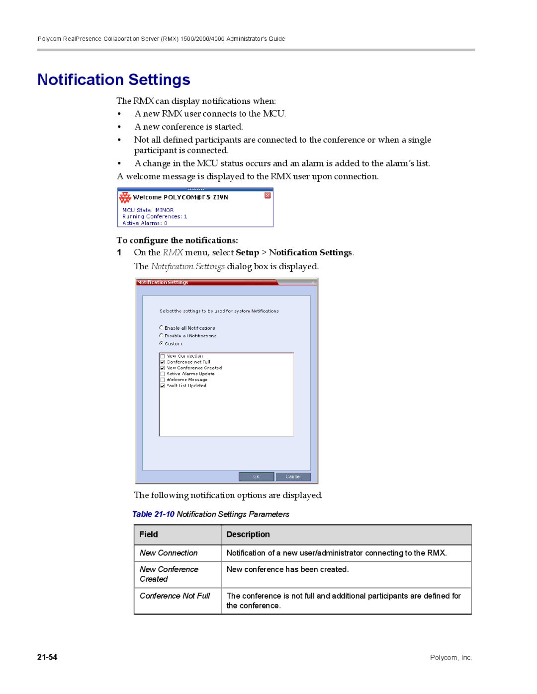 Polycom RMX 1500, DOC2702A manual To configure the notifications, 10Notification Settings Parameters 