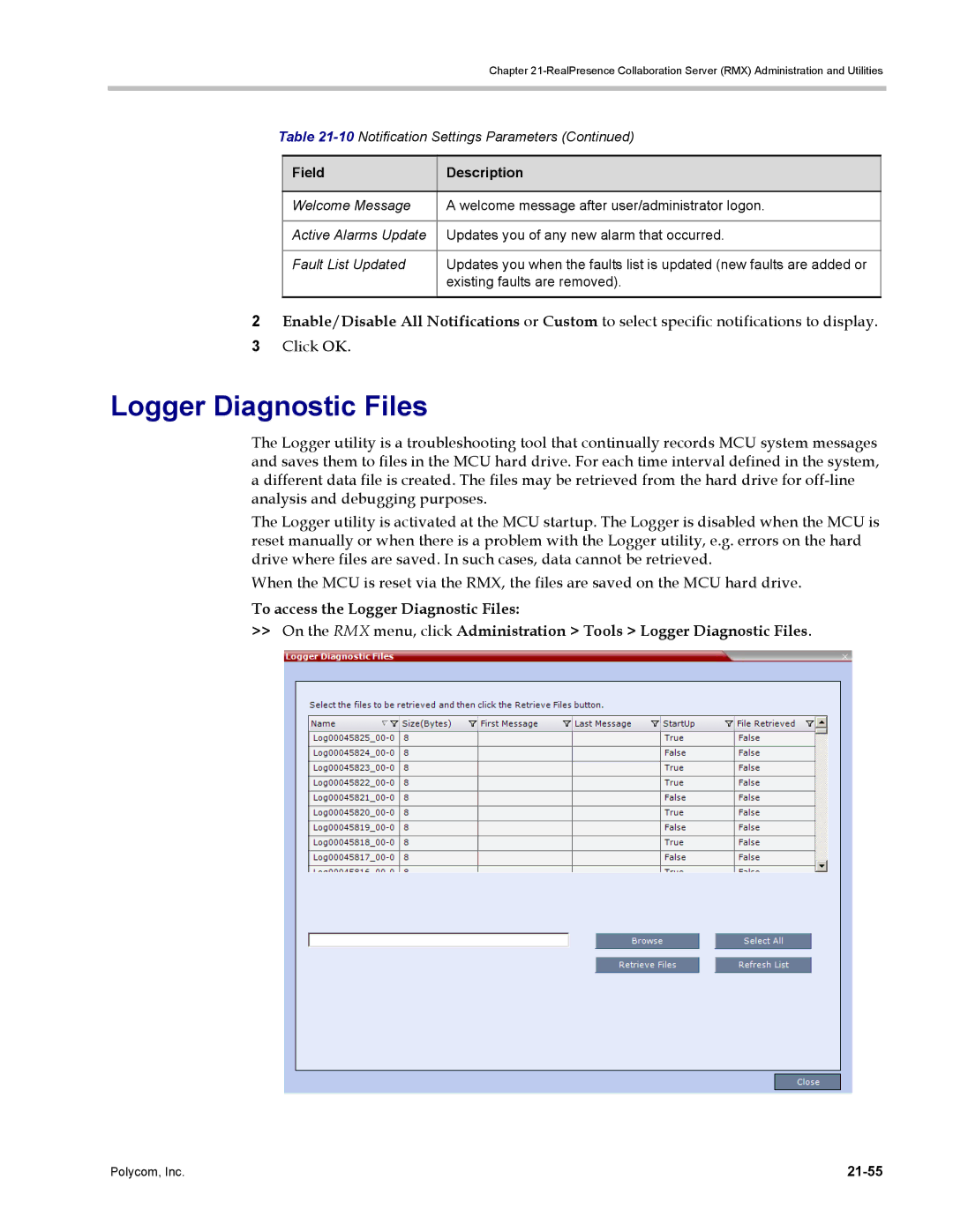 Polycom DOC2702A, RMX 1500 manual Logger Diagnostic Files, 21-55 