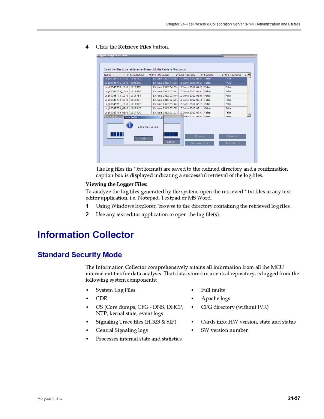 Polycom DOC2702A, RMX 1500 Information Collector, Standard Security Mode, Viewing the Logger Files, Apache logs, 21-57 