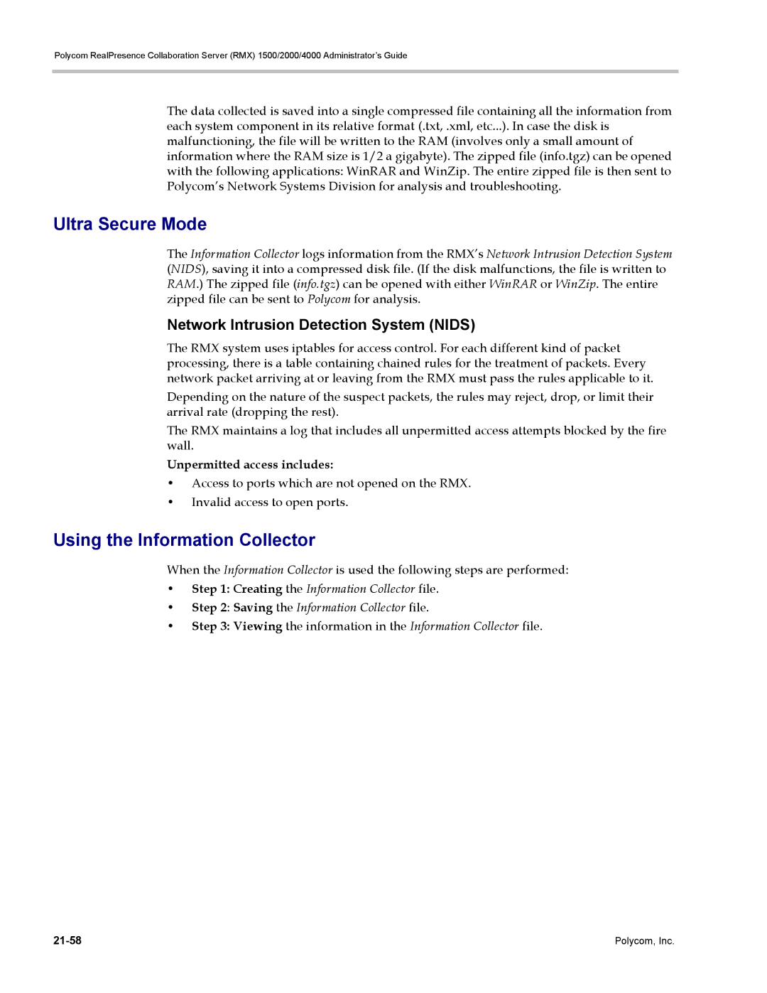 Polycom RMX 1500, DOC2702A Ultra Secure Mode, Using the Information Collector, Network Intrusion Detection System Nids 