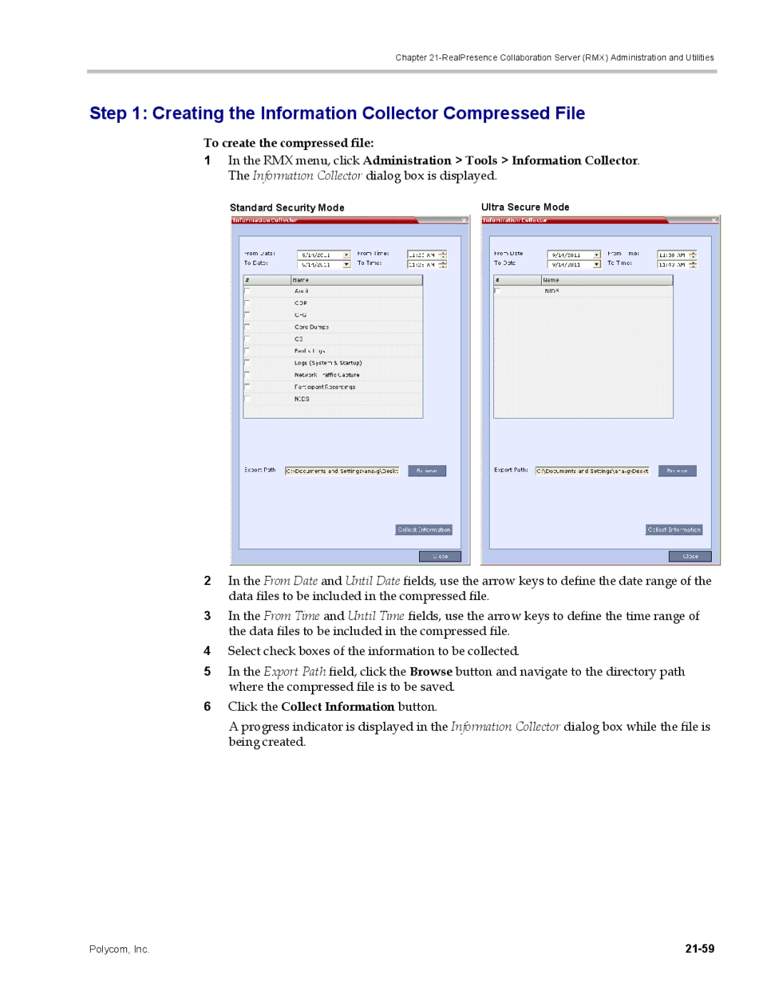 Polycom DOC2702A, RMX 1500 manual Creating the Information Collector Compressed File, To create the compressed file, 21-59 