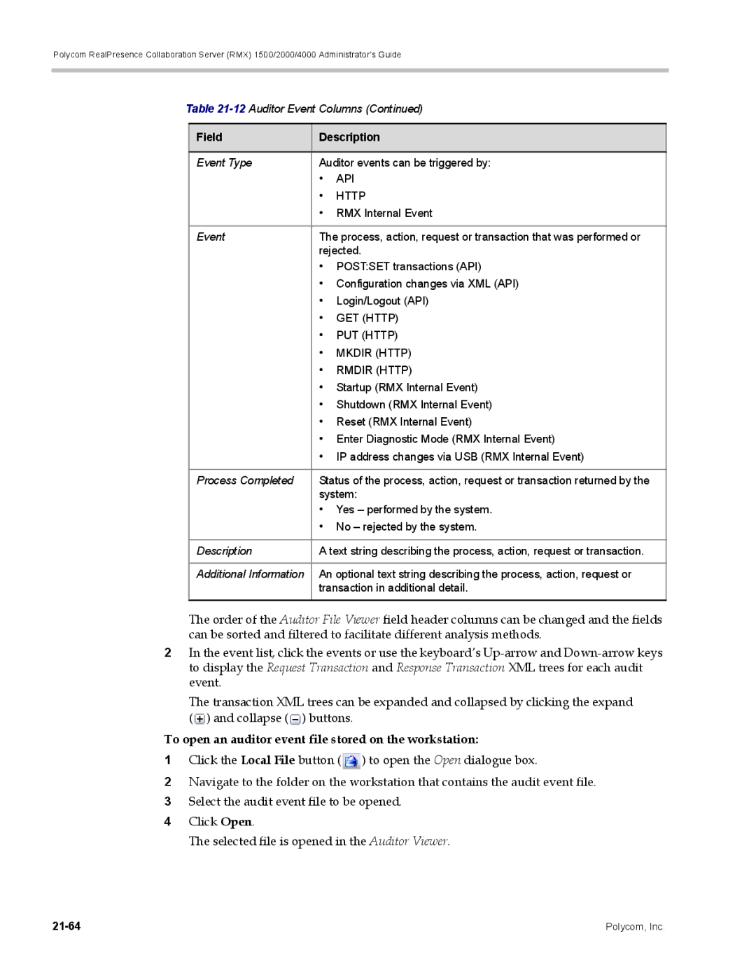 Polycom RMX 1500, DOC2702A manual To open an auditor event file stored on the workstation 