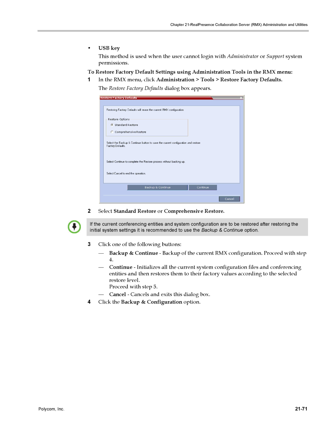 Polycom DOC2702A, RMX 1500 manual USB key, Click the Backup & Configuration option, 21-71 