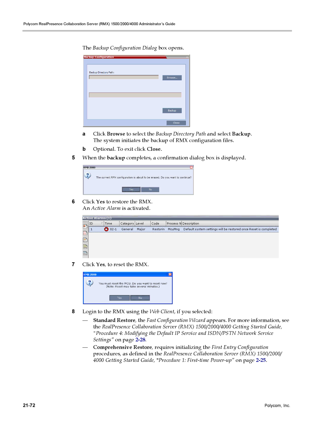 Polycom RMX 1500, DOC2702A manual Backup Configuration Dialog box opens 