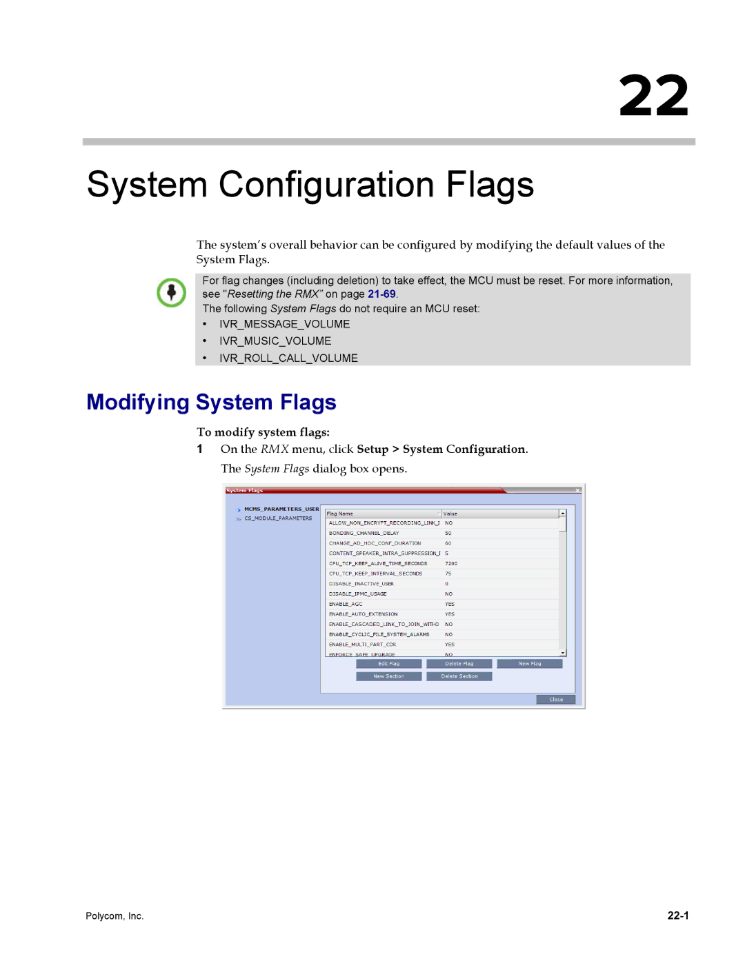 Polycom DOC2702A, RMX 1500 manual System Configuration Flags, Modifying System Flags, 22-1 