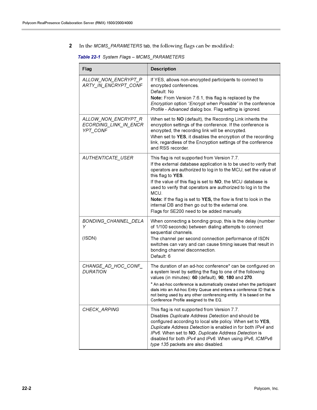 Polycom RMX 1500, DOC2702A manual Mcmsparameters tab, the following flags can be modified 