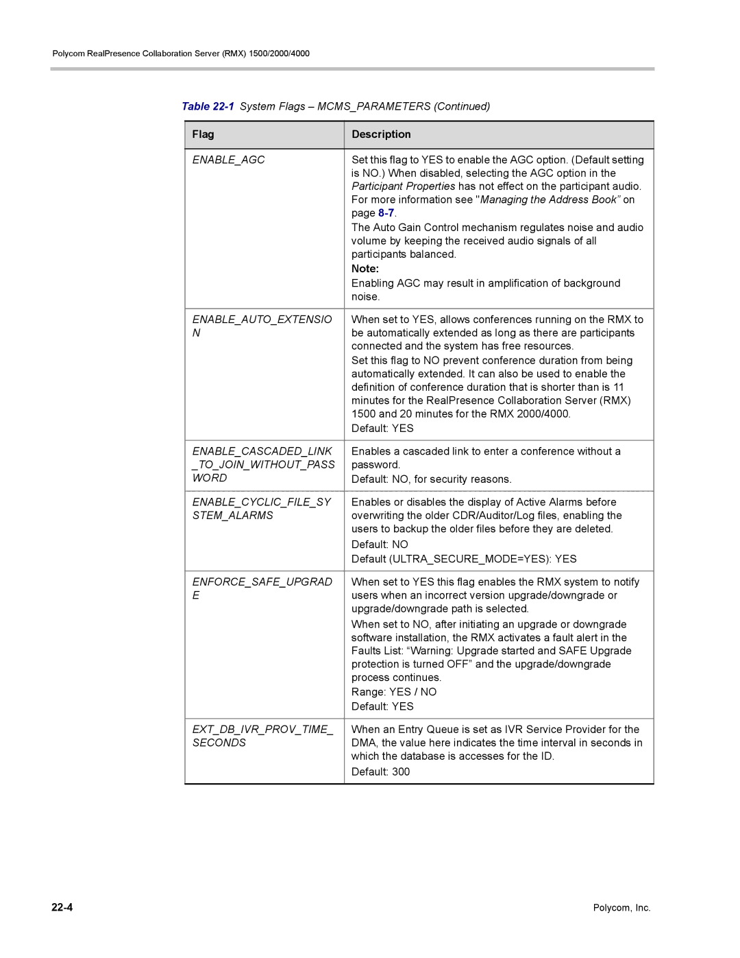 Polycom RMX 1500, DOC2702A Enableagc, Enableautoextensio, Enablecascadedlink, Tojoinwithoutpass, Word, Enablecyclicfilesy 