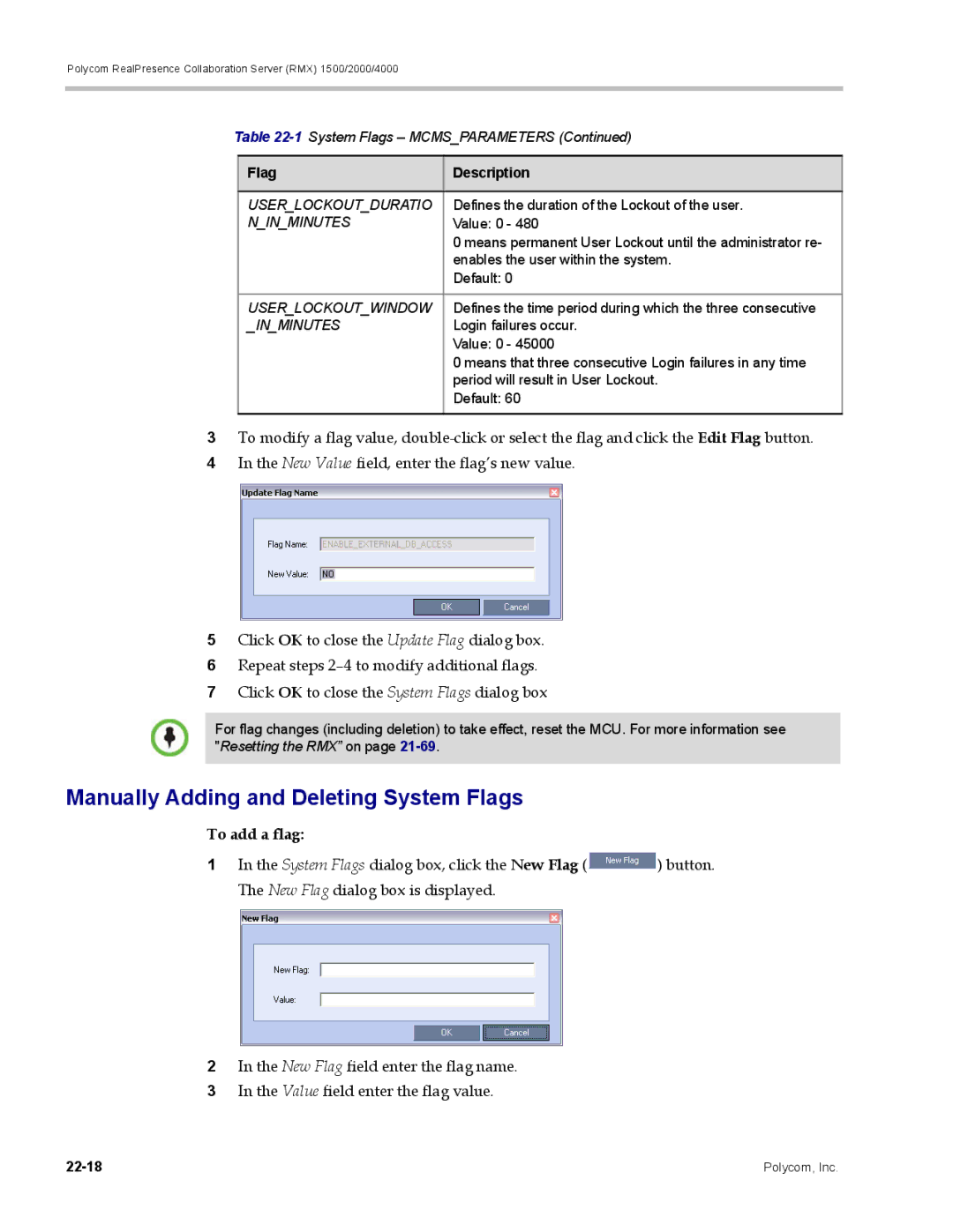 Polycom RMX 1500, DOC2702A manual Manually Adding and Deleting System Flags, To add a flag 