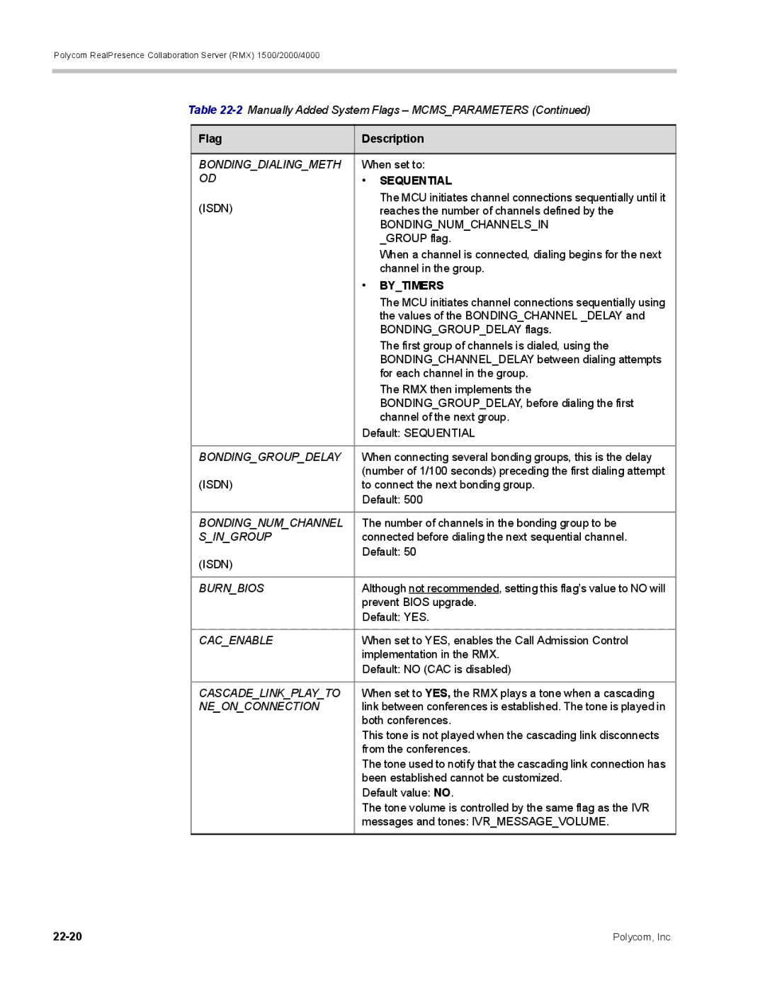 Polycom RMX 1500, DOC2702A manual Bondingdialingmeth, Bondingnumchannelsin, Bondinggroupdelay, Singroup, Burnbios, Cacenable 