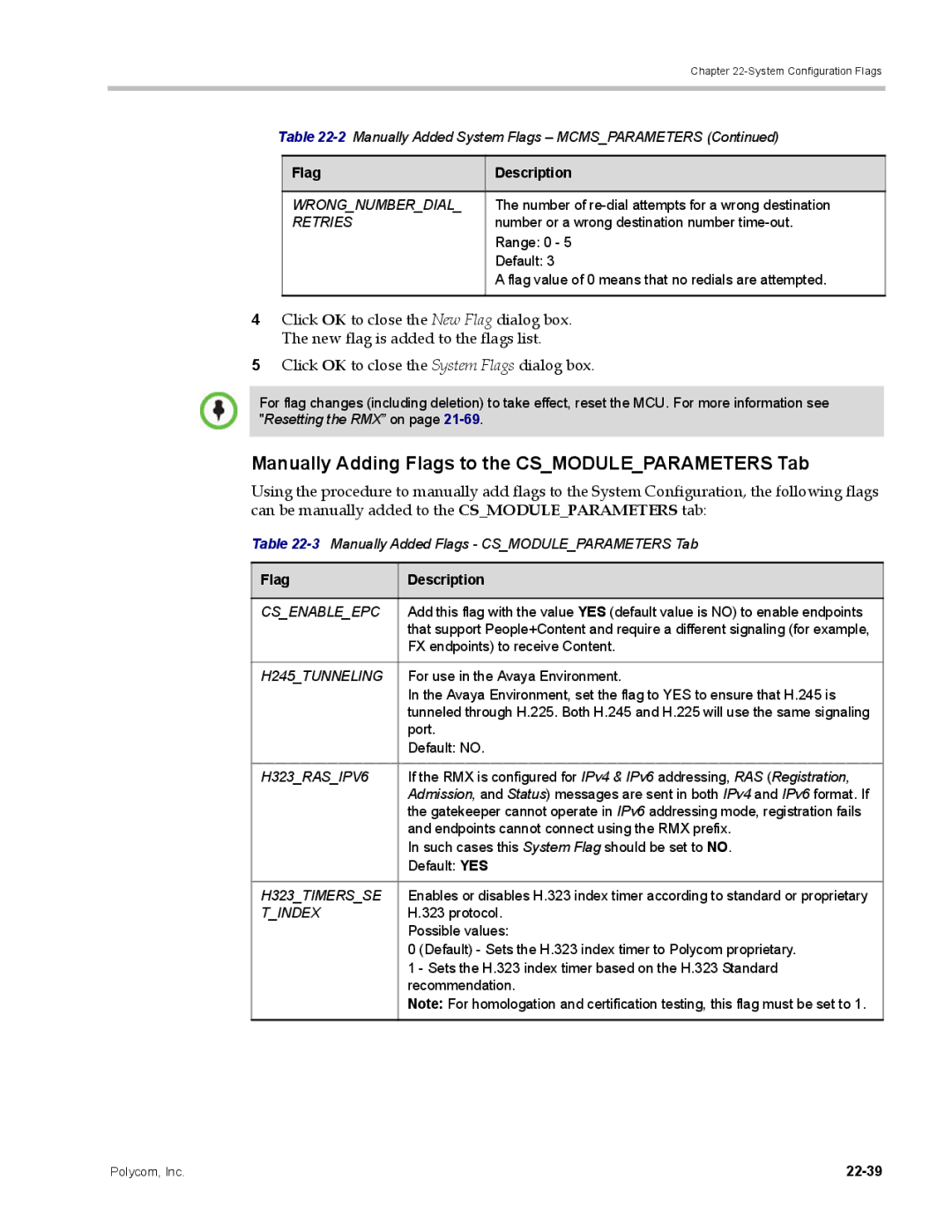 Polycom DOC2702A, RMX 1500 manual Manually Adding Flags to the Csmoduleparameters Tab, 22-39 