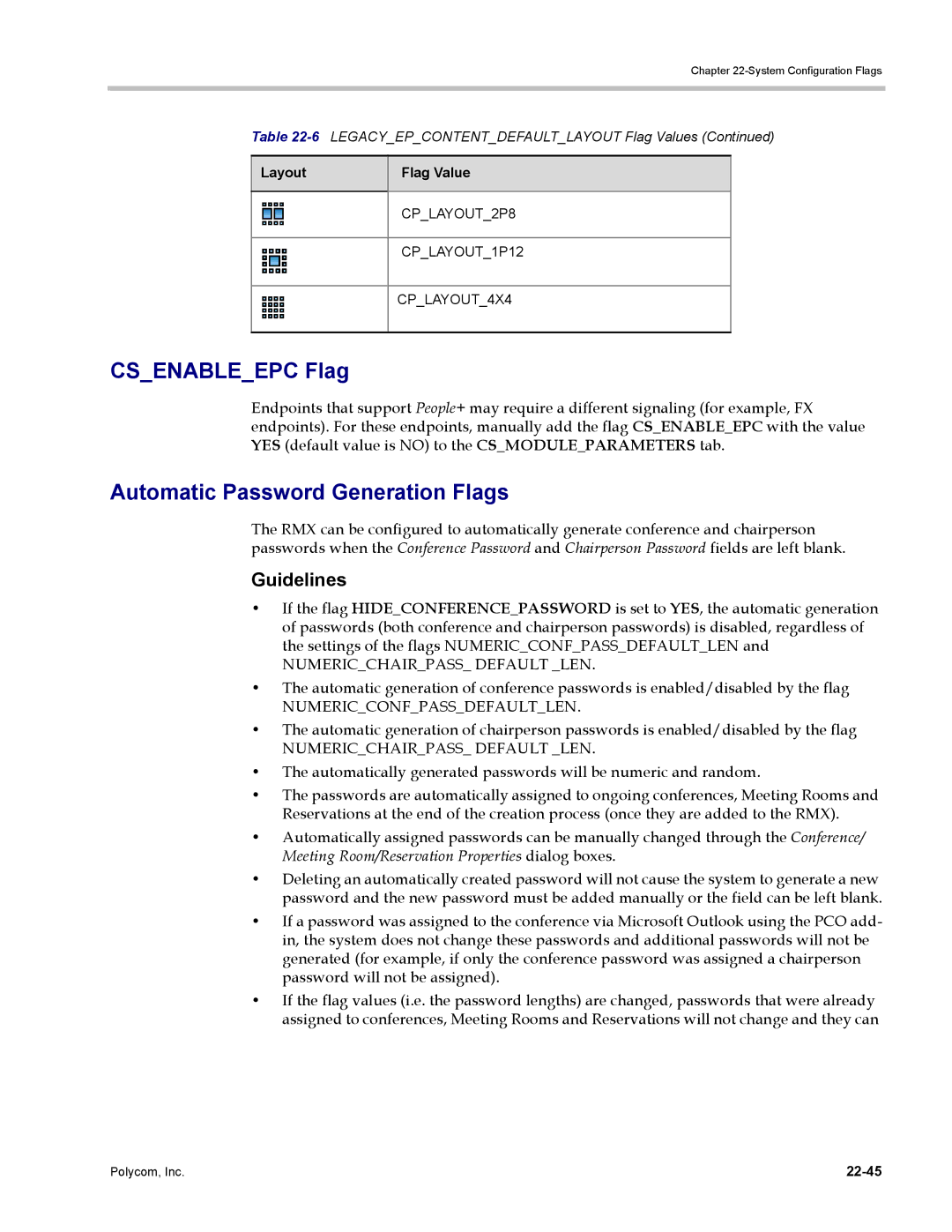 Polycom DOC2702A, RMX 1500 manual Csenableepc Flag, Automatic Password Generation Flags, 22-45 