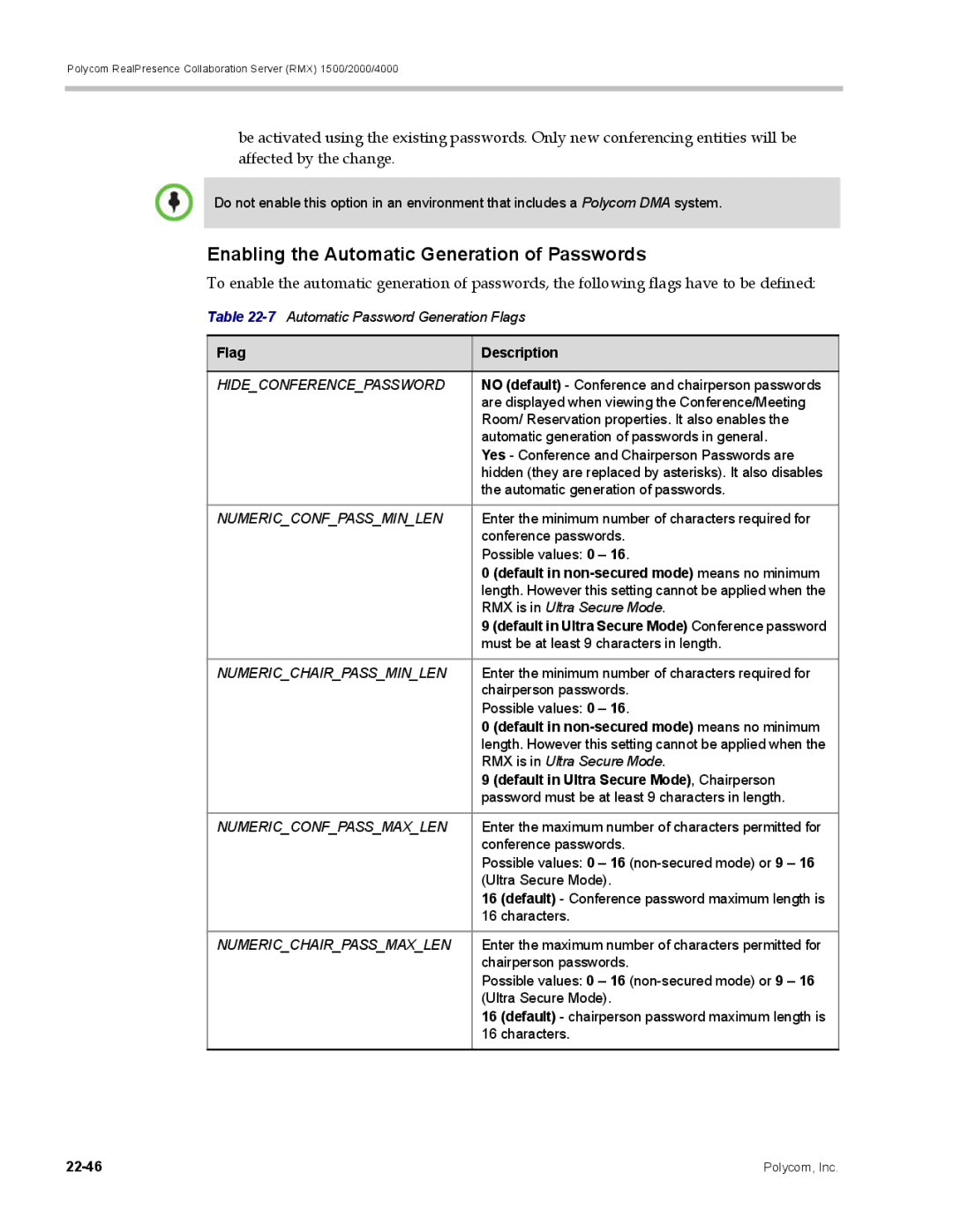 Polycom RMX 1500, DOC2702A Enabling the Automatic Generation of Passwords, Default in non-secured mode means no minimum 