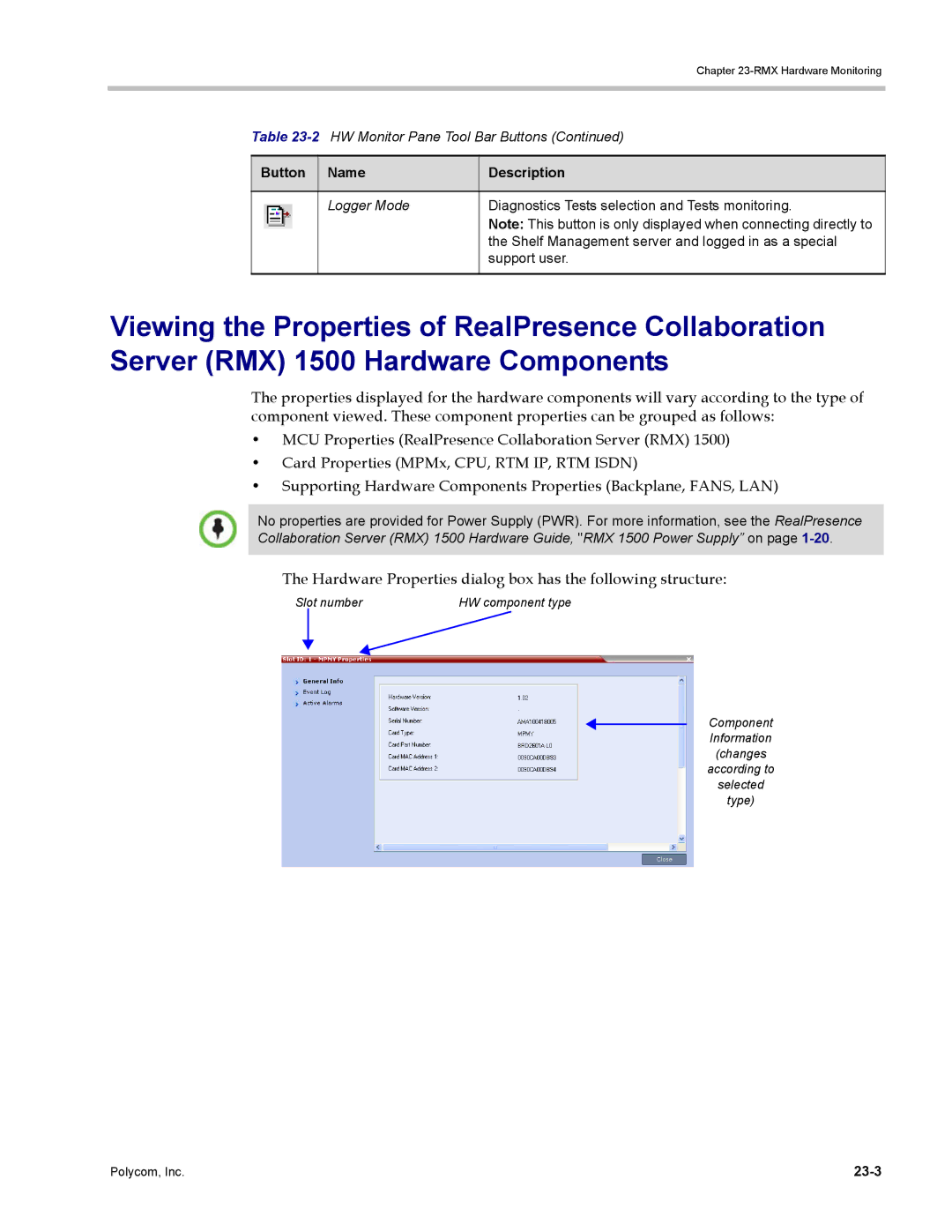 Polycom DOC2702A, RMX 1500 manual Hardware Properties dialog box has the following structure, 23-3 