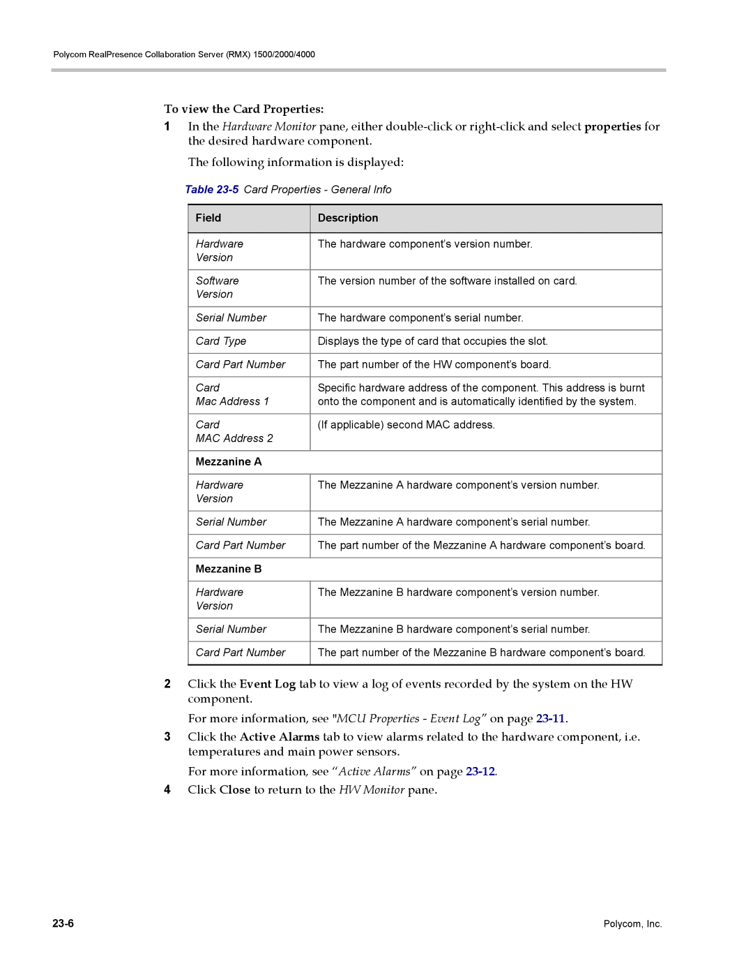 Polycom RMX 1500, DOC2702A manual To view the Card Properties, 5Card Properties General Info, Mezzanine a, Mezzanine B 