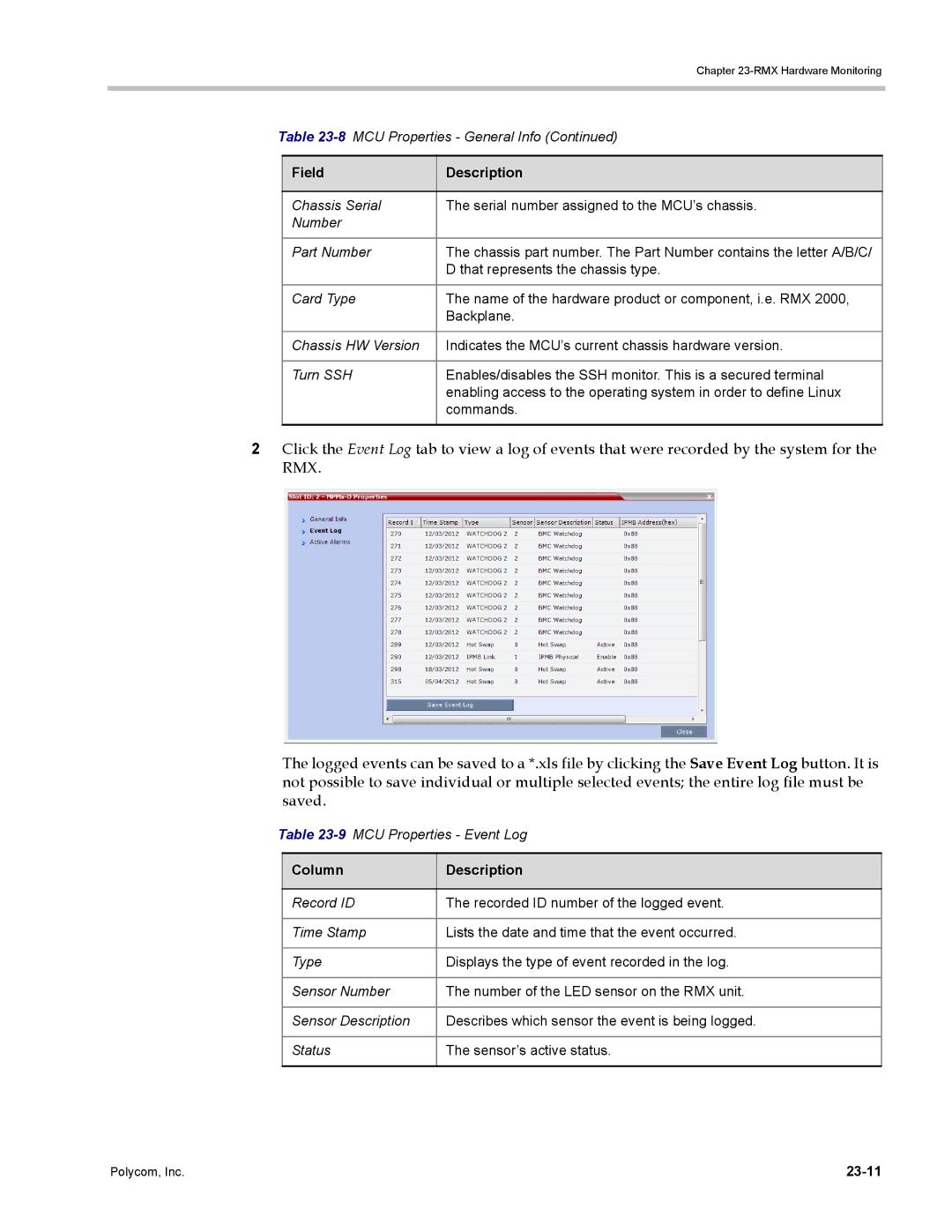 Polycom DOC2702A, RMX 1500 manual 9MCU Properties Event Log, 23-11 