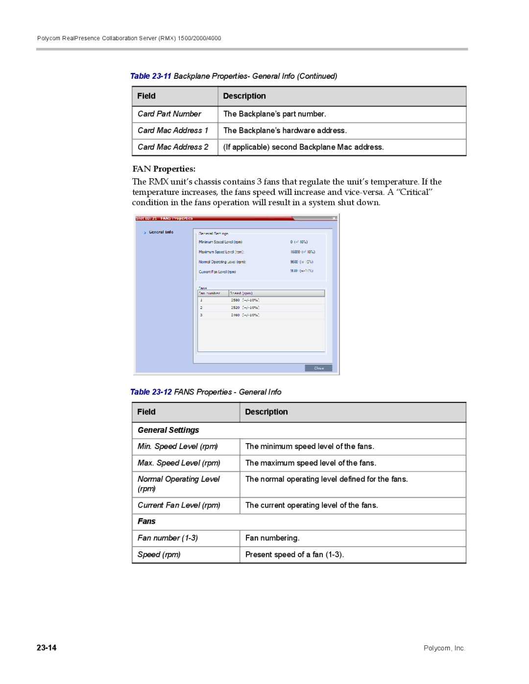 Polycom RMX 1500, DOC2702A manual 12FANS Properties General Info, Field Description General Settings 