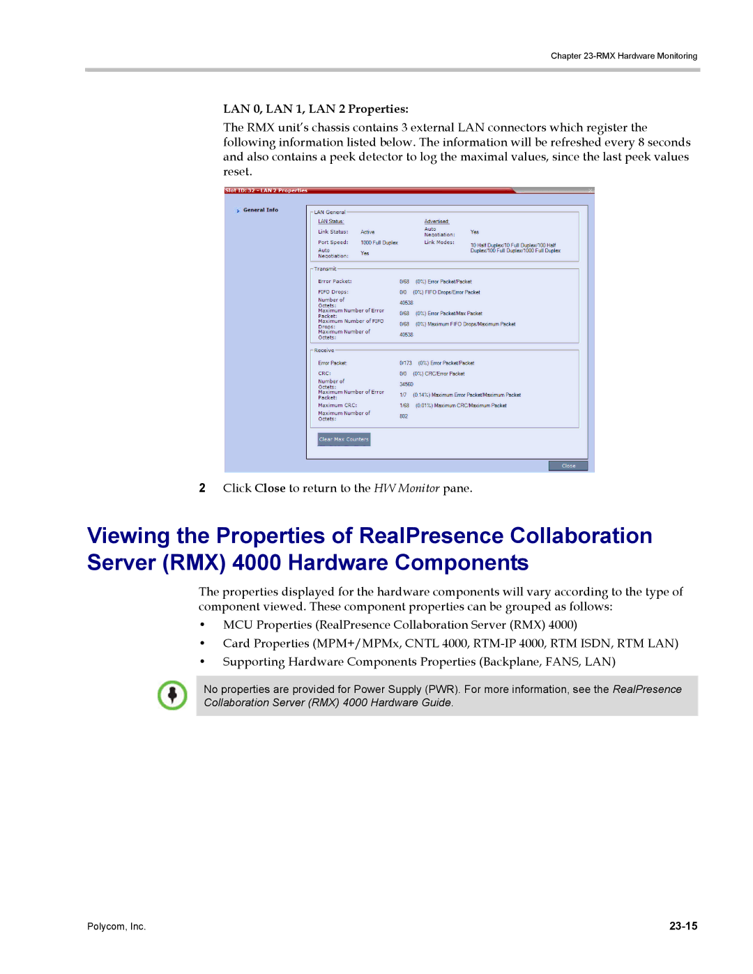 Polycom DOC2702A, RMX 1500 manual LAN 0, LAN 1, LAN 2 Properties, 23-15 