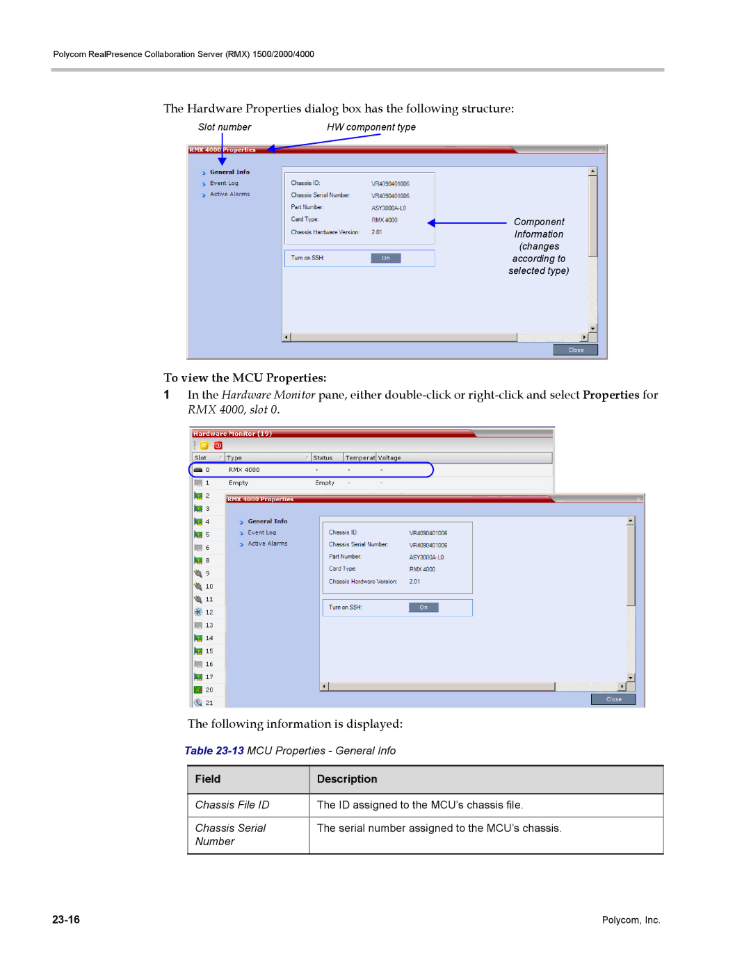 Polycom RMX 1500, DOC2702A manual Hardware Properties dialog box has the following structure, 13MCU Properties General Info 