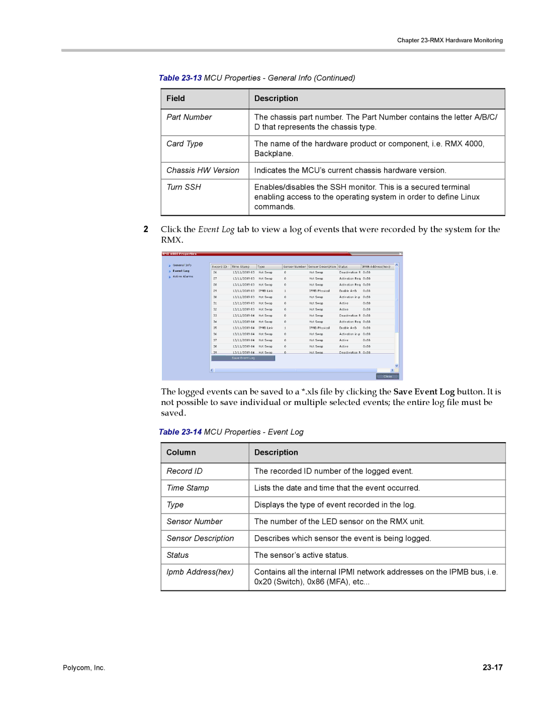 Polycom DOC2702A, RMX 1500 manual 14MCU Properties Event Log, 0x20 Switch, 0x86 MFA, etc, 23-17 