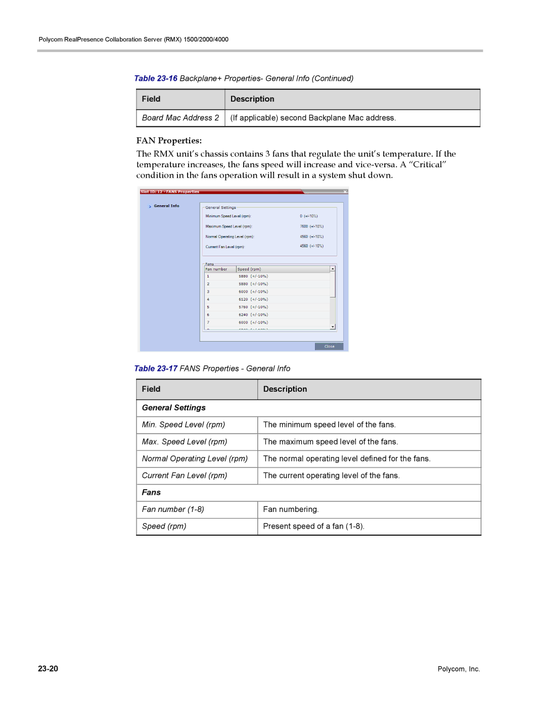 Polycom RMX 1500, DOC2702A Board Mac Address, If applicable second Backplane Mac address, 17FANS Properties General Info 