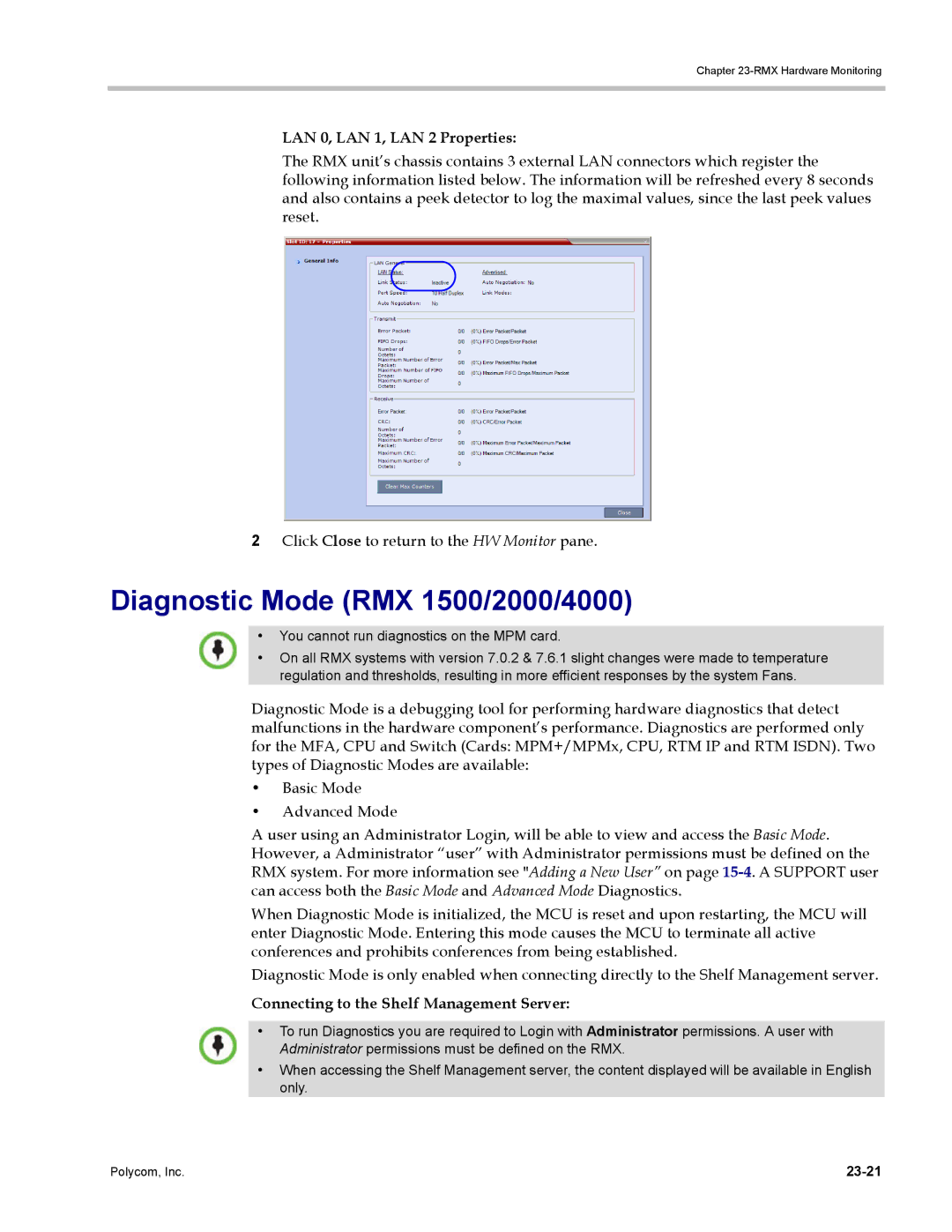 Polycom DOC2702A manual Diagnostic Mode RMX 1500/2000/4000, Connecting to the Shelf Management Server, 23-21 