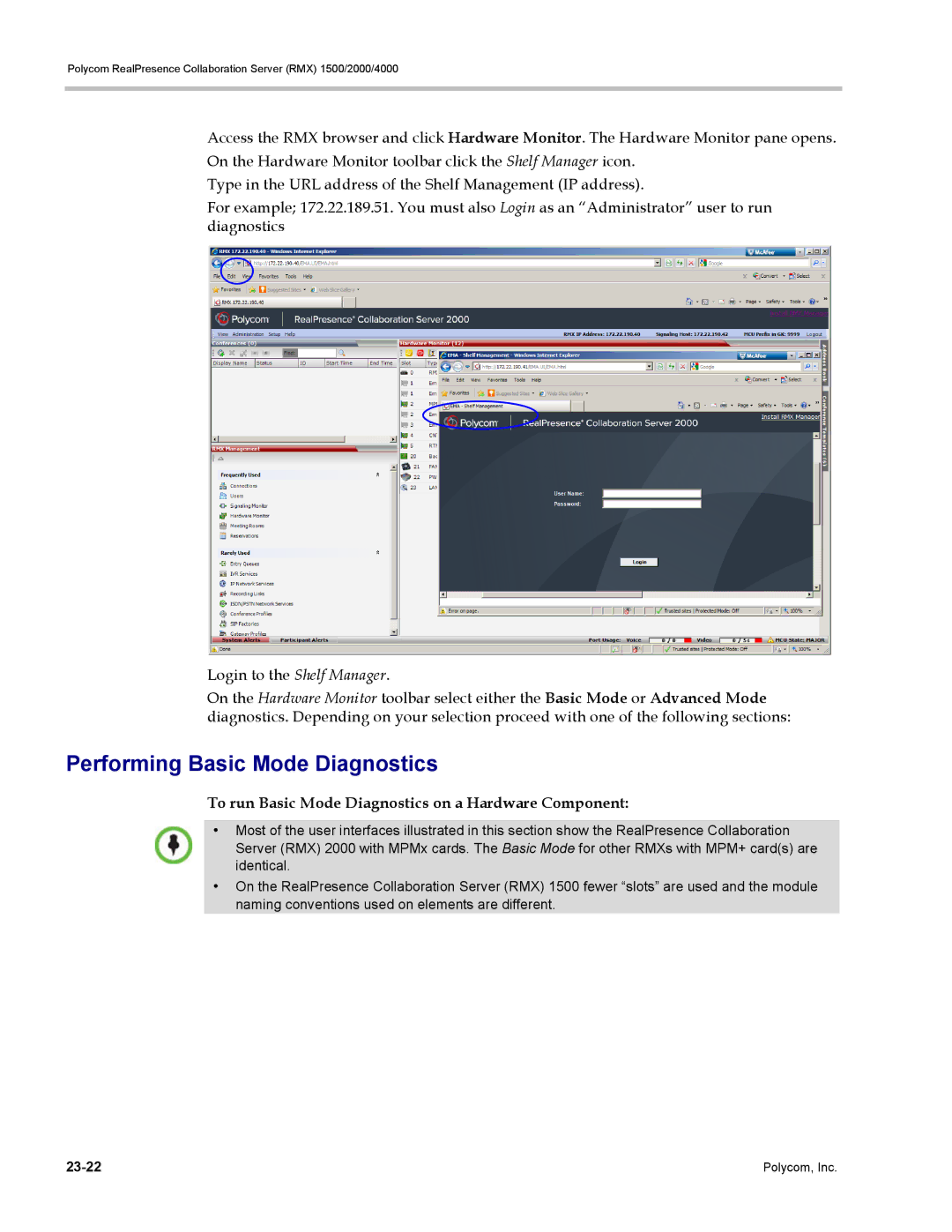 Polycom RMX 1500, DOC2702A manual Performing Basic Mode Diagnostics, To run Basic Mode Diagnostics on a Hardware Component 