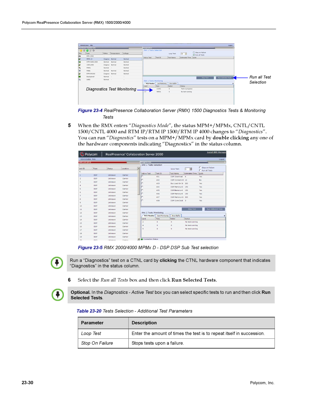 Polycom RMX 1500, DOC2702A 5RMX 2000/4000 MPMx D DSP DSP Sub Test selection, 20Tests Selection Additional Test Parameters 