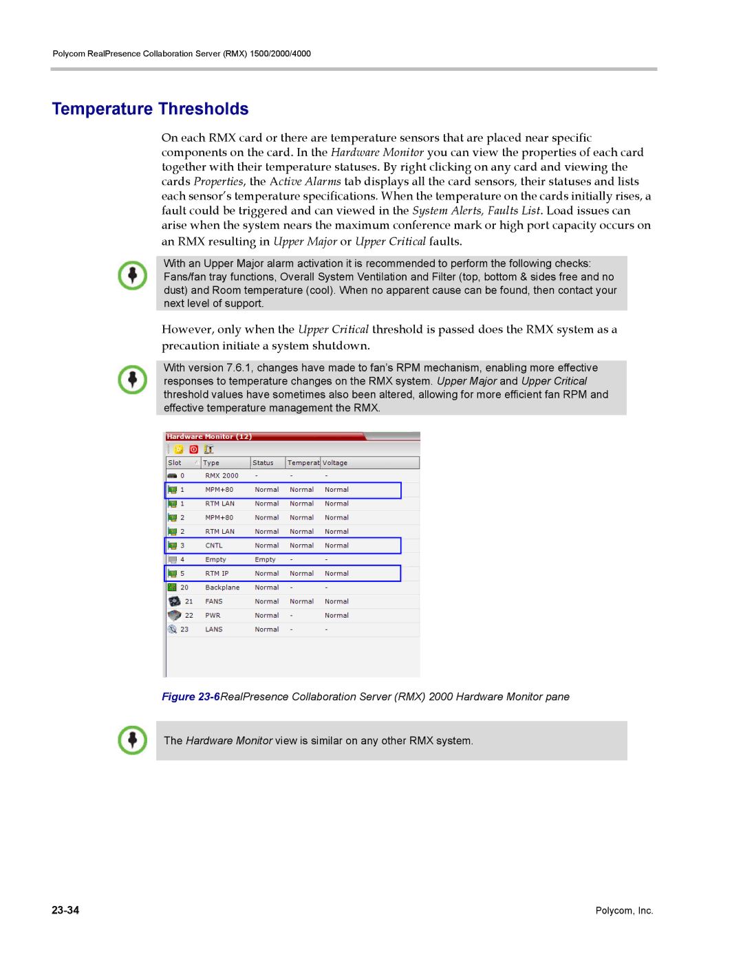 Polycom RMX 1500, DOC2702A manual Temperature Thresholds 