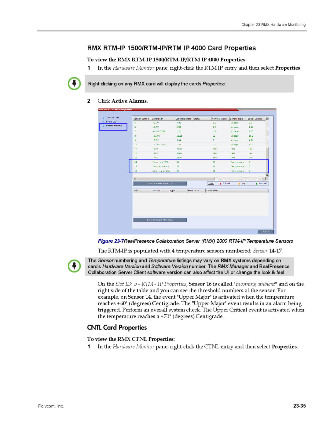 Polycom DOC2702A RMX RTM-IP 1500/RTM-IP/RTM IP 4000 Card Properties, Click Active Alarms, To view the RMX Ctnl Properties 