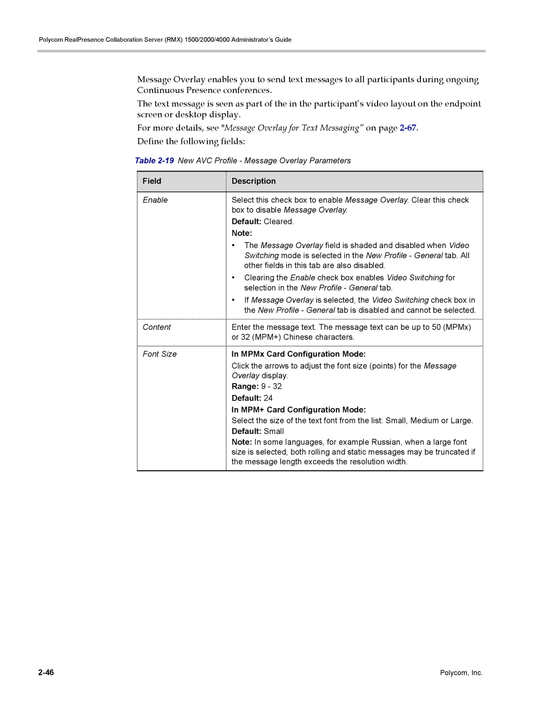 Polycom RMX 1500, DOC2702A manual For more details, see Message Overlay for Text Messaging on, Define the following fields 