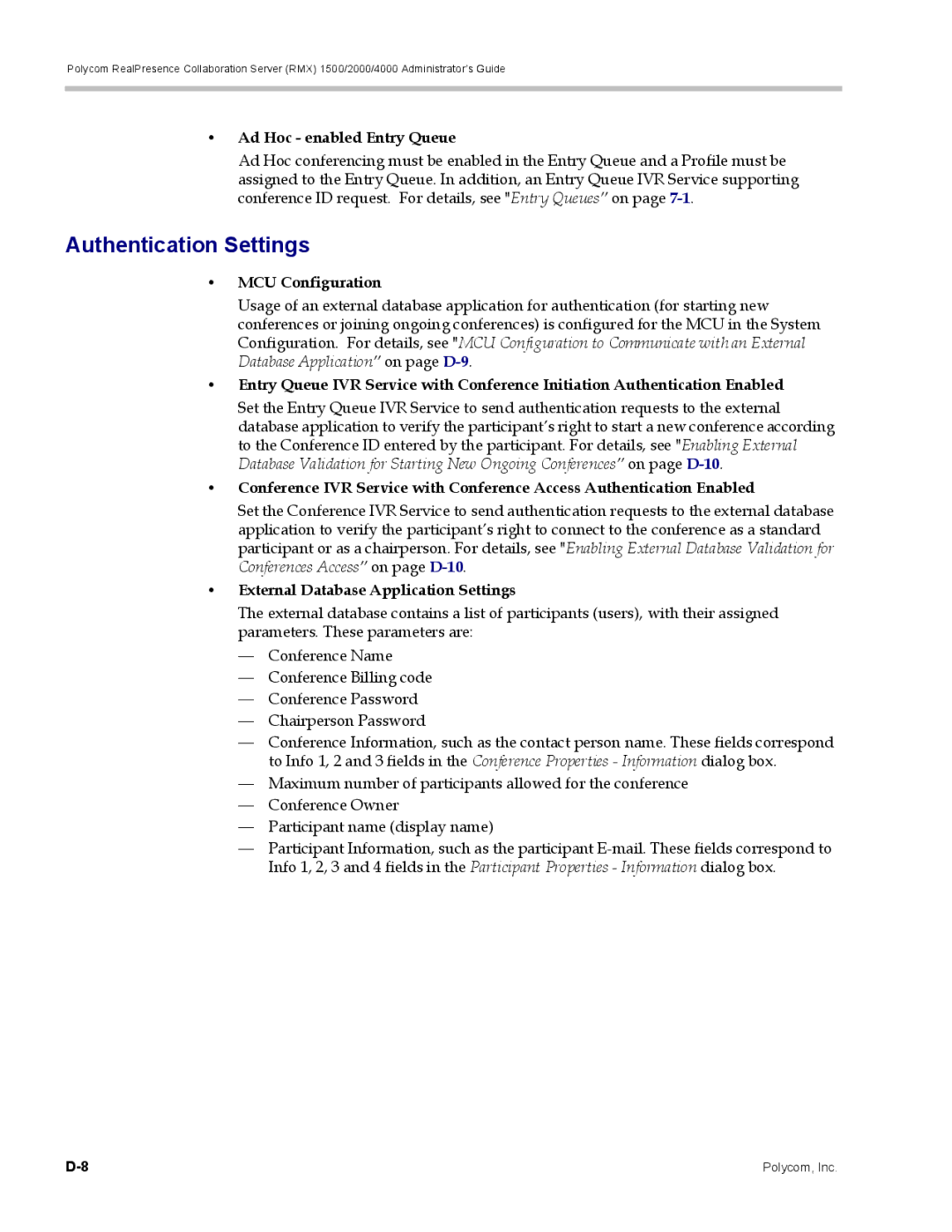 Polycom RMX 1500, DOC2702A manual Authentication Settings, Ad Hoc enabled Entry Queue, MCU Configuration 