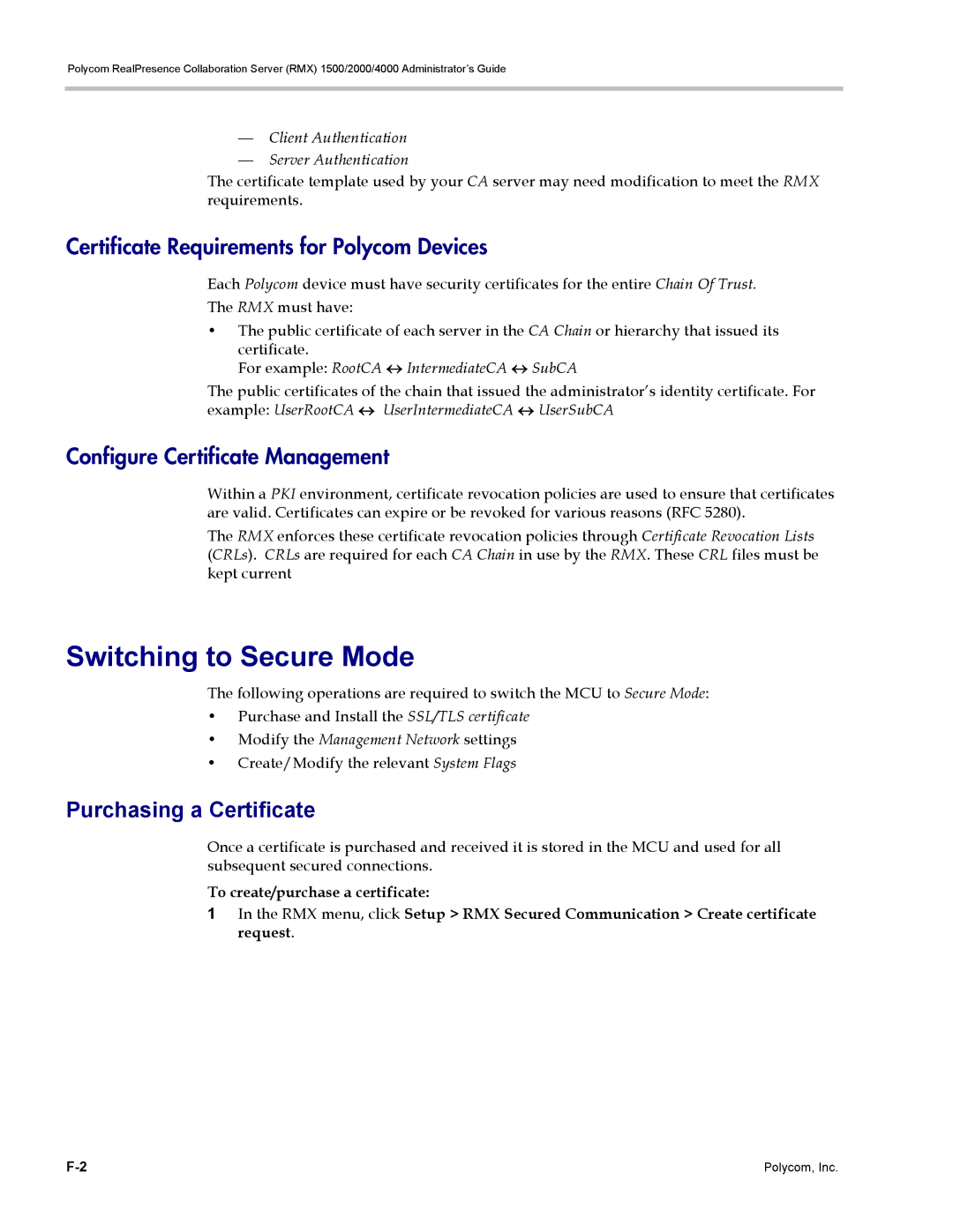 Polycom RMX 1500, DOC2702A Switching to Secure Mode, Purchasing a Certificate, Client Authentication Server Authentication 