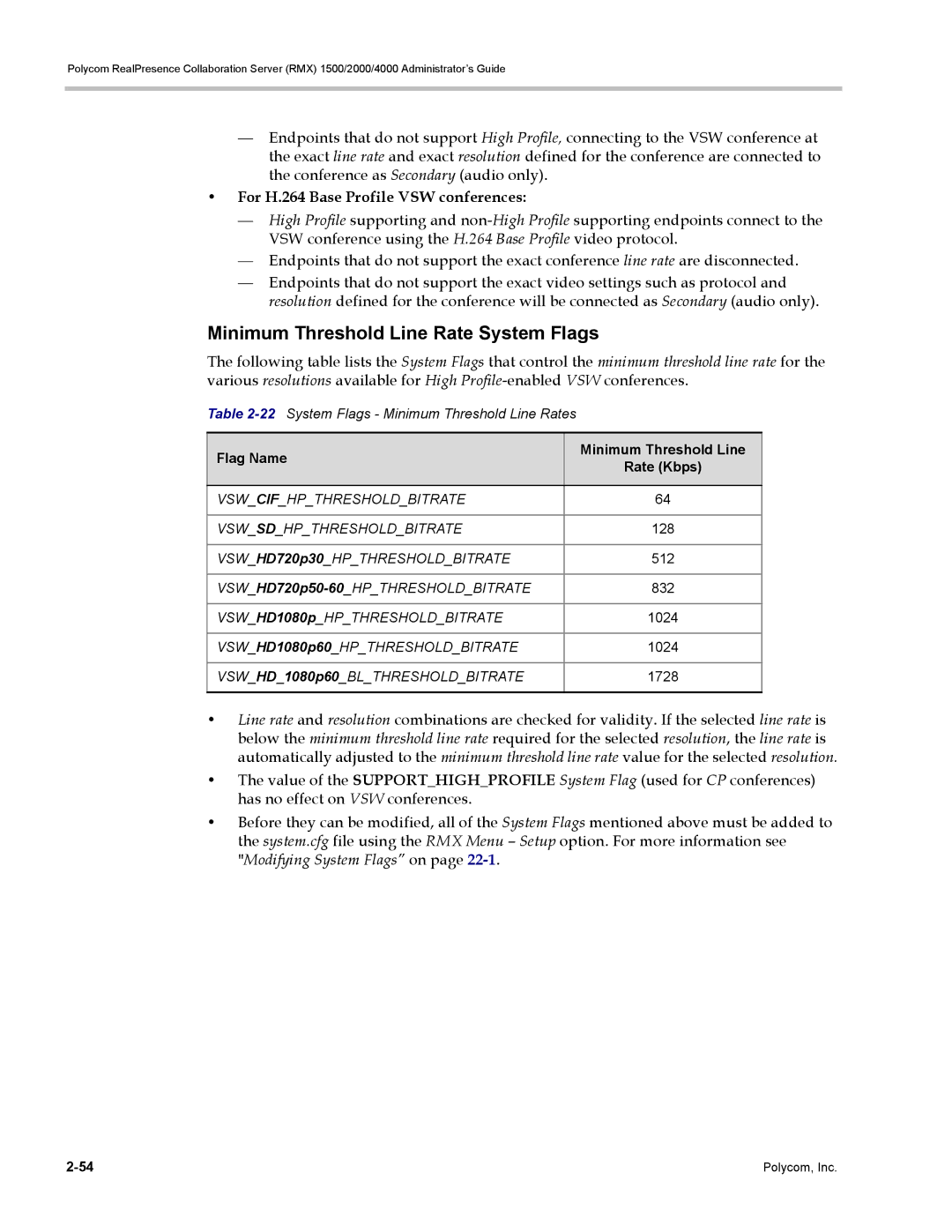 Polycom RMX 1500, DOC2702A manual Minimum Threshold Line Rate System Flags, For H.264 Base Profile VSW conferences 