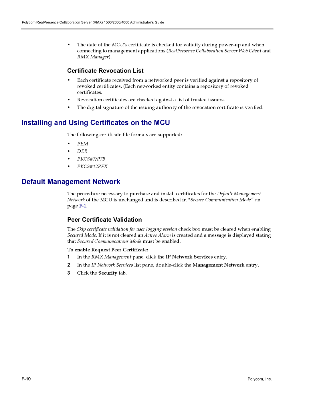 Polycom RMX 1500 Installing and Using Certificates on the MCU, Default Management Network, Certificate Revocation List 