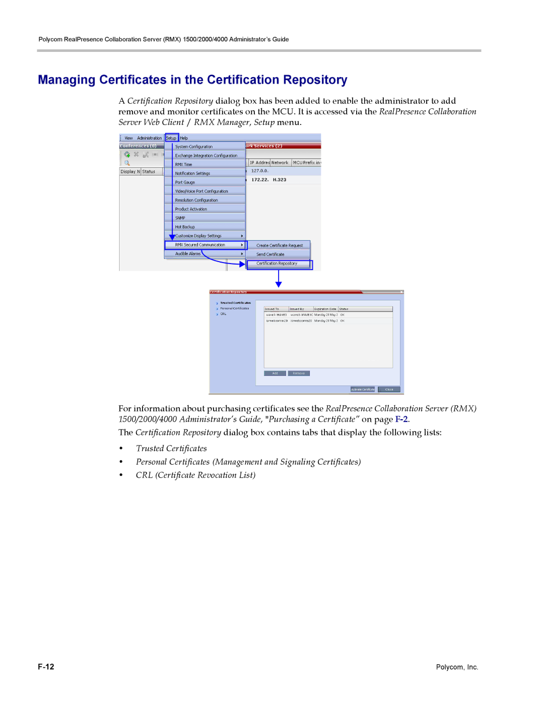 Polycom RMX 1500, DOC2702A manual Managing Certificates in the Certification Repository 