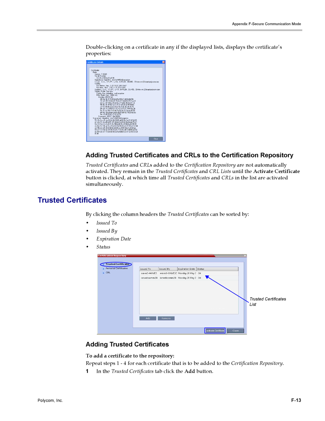 Polycom DOC2702A, RMX 1500 manual Adding Trusted Certificates, Issued To Issued By Expiration Date Status 