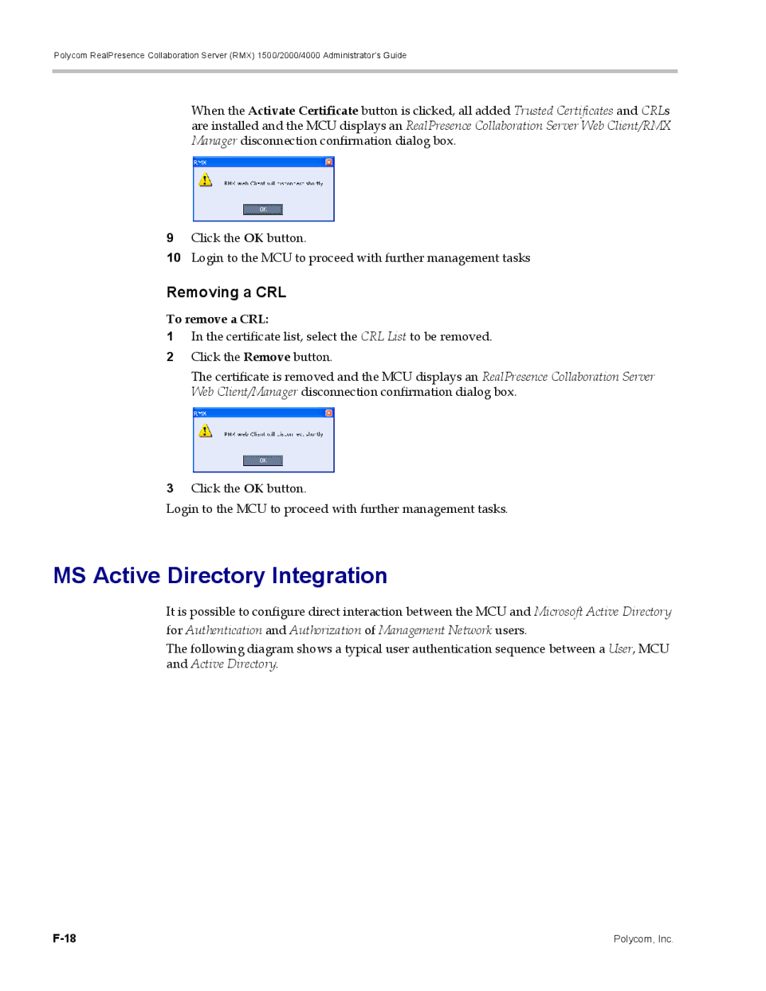 Polycom RMX 1500, DOC2702A manual MS Active Directory Integration, Removing a CRL, To remove a CRL 