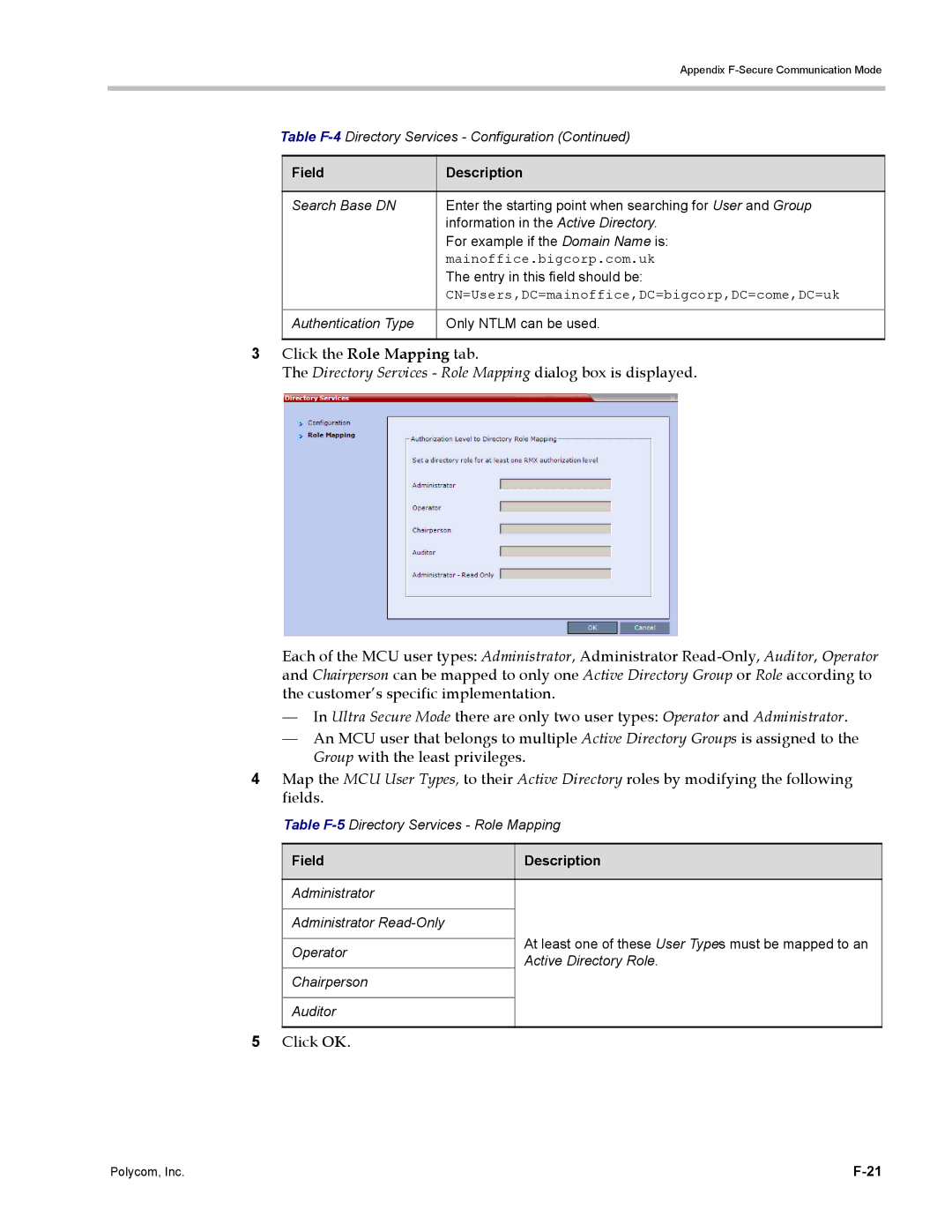 Polycom DOC2702A, RMX 1500 manual Click the Role Mapping tab, Directory Services Role Mapping dialog box is displayed 