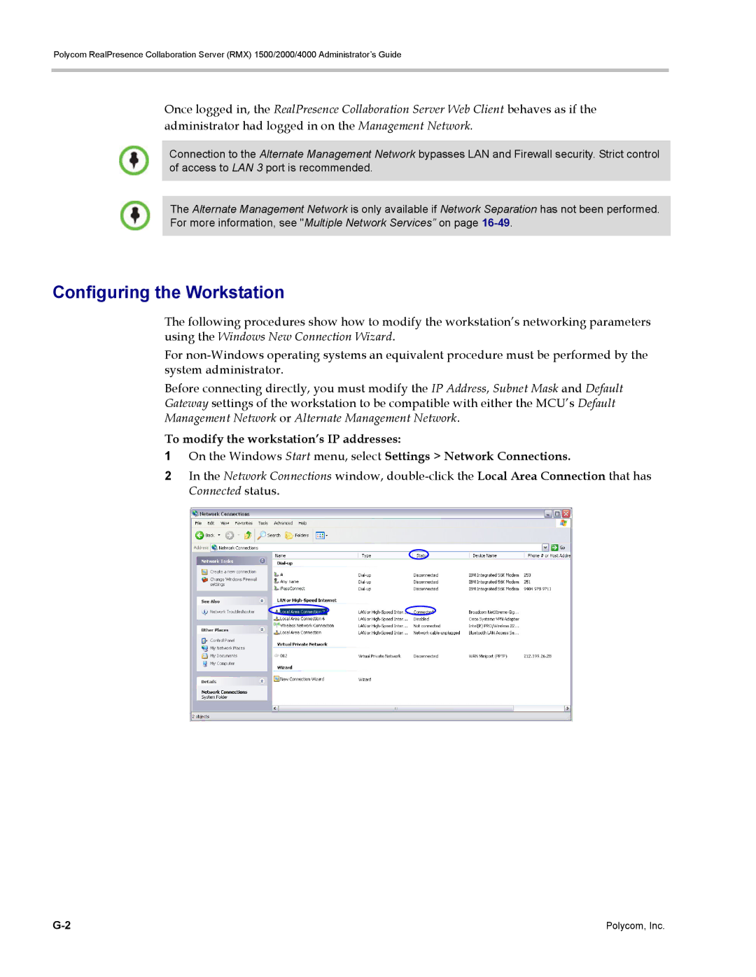 Polycom RMX 1500, DOC2702A manual Configuring the Workstation, To modify the workstation’s IP addresses 