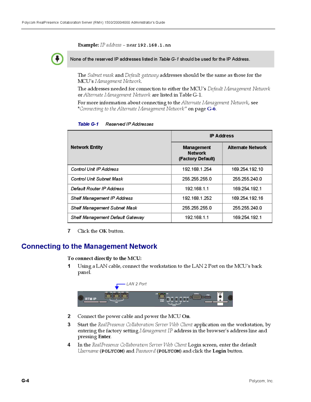 Polycom RMX 1500, DOC2702A manual Connecting to the Management Network, To connect directly to the MCU 