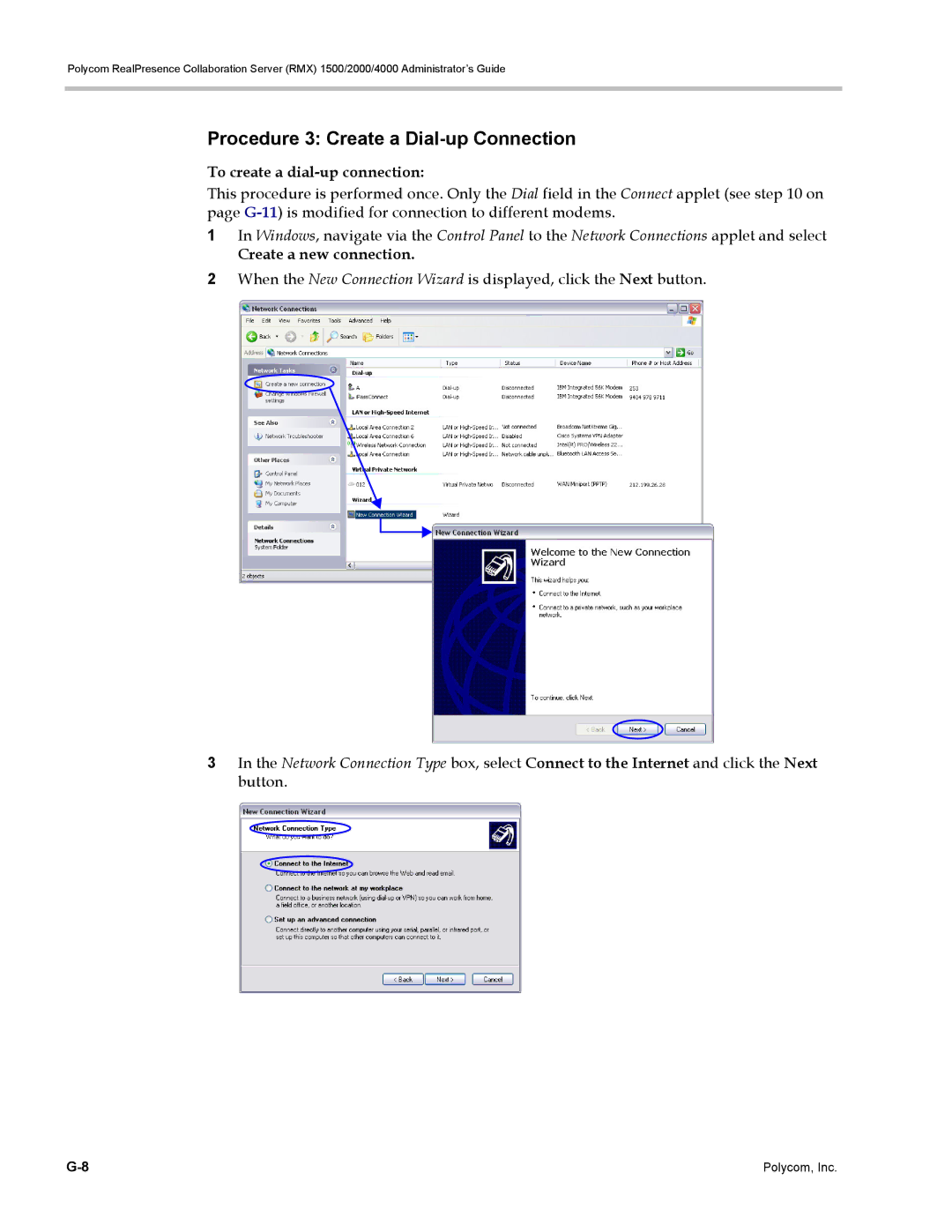 Polycom RMX 1500 manual Procedure 3 Create a Dial-up Connection, To create a dial-up connection, Create a new connection 