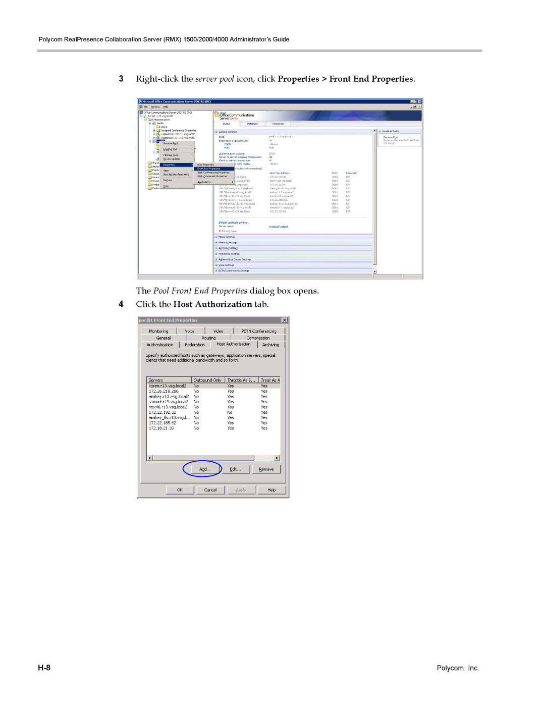 Polycom RMX 1500, DOC2702A manual Pool Front End Properties dialog box opens, Click the Host Authorization tab 