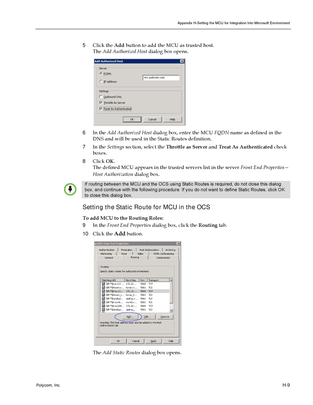 Polycom DOC2702A, RMX 1500 manual Setting the Static Route for MCU in the OCS, To add MCU to the Routing Roles 