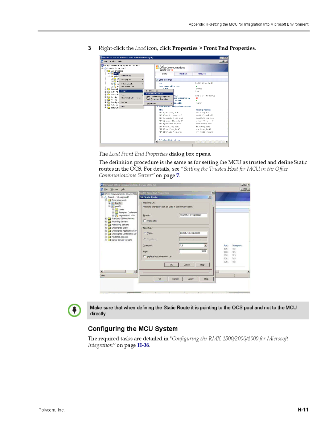 Polycom DOC2702A, RMX 1500 manual Configuring the MCU System, Load Front End Properties dialog box opens 