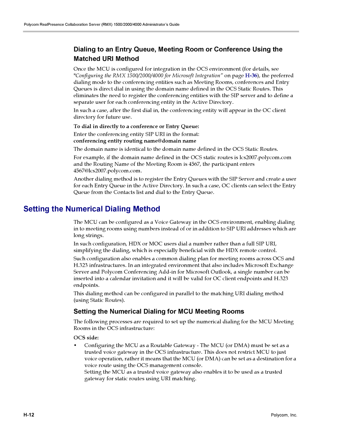 Polycom RMX 1500 manual Setting the Numerical Dialing Method, Setting the Numerical Dialing for MCU Meeting Rooms, OCS side 